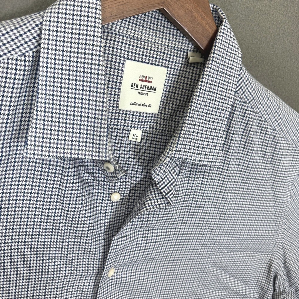 Ben Sherman Dress Shirt Men 17.5 Blue Houndstooth Tailored Slim Fit Button Up